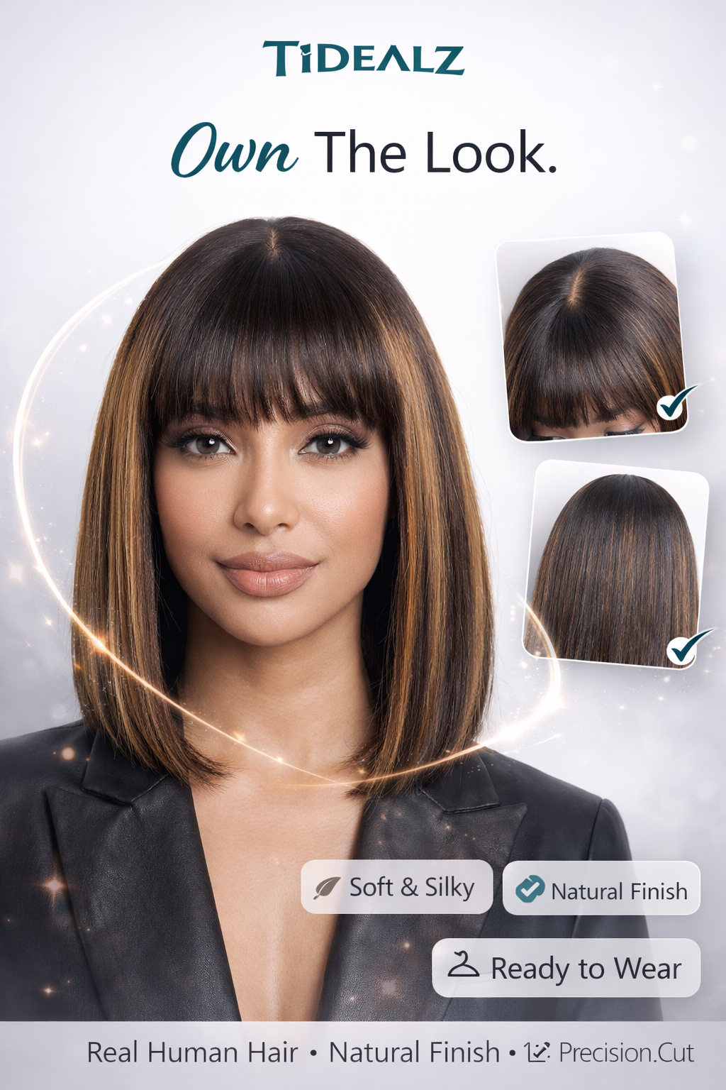 10 Inch Yaki Straight Bob Wig with Bangs – Glueless Human Hair Wig Brown Highlights 180% Density | TiDealz TiDealz
