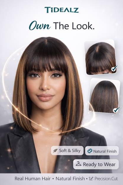 10 Inch Yaki Straight Bob Wig with Bangs – Glueless Human Hair Wig Brown Highlights 180% Density | TiDealz TiDealz