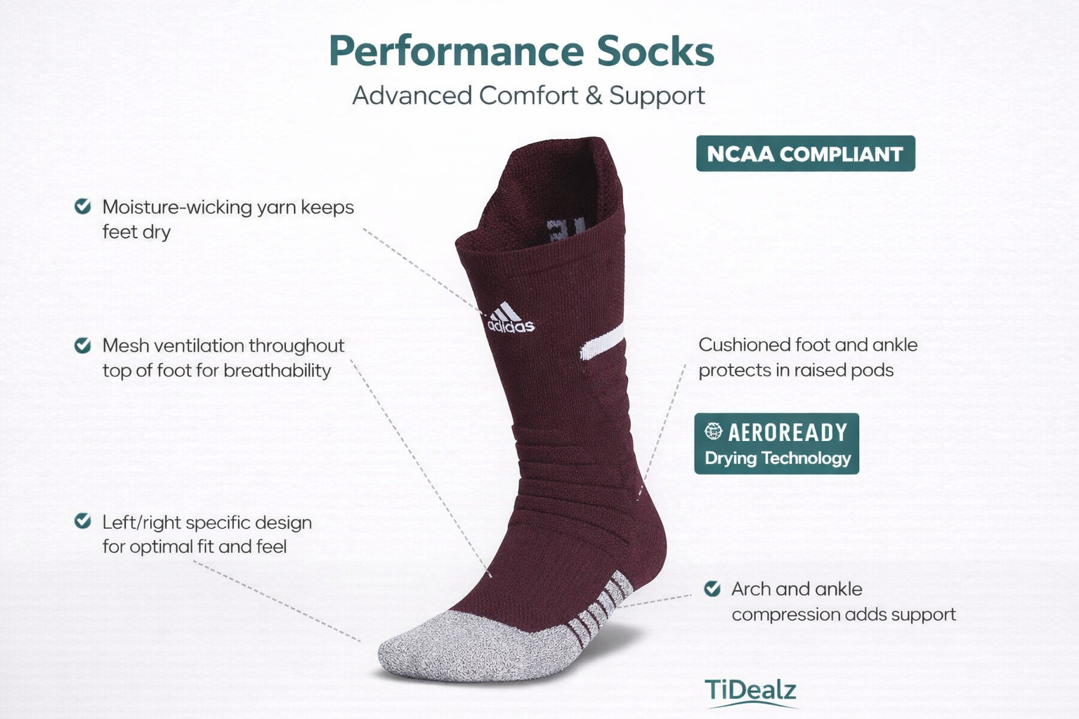 adidas unisex-adult Adizero Football Socks XL – Moisture-Wicking Performance Sports Socks (Maroon/White) | TiDealz Adidas